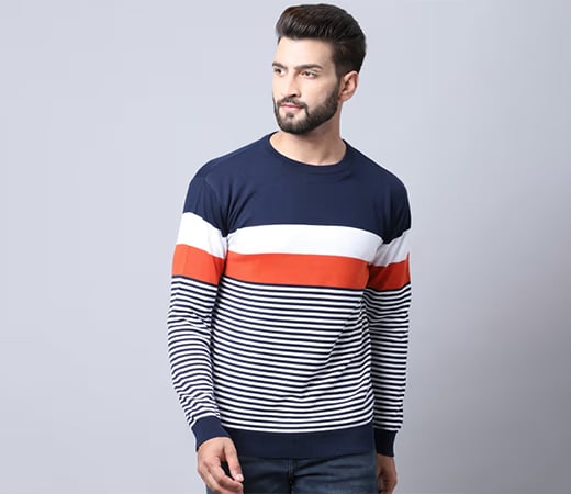 Cantabil Navy blue and orange sweater with stripes