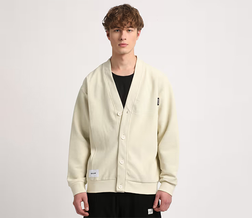 The Bear House Men Cream Self-Design Cotton Cardigan