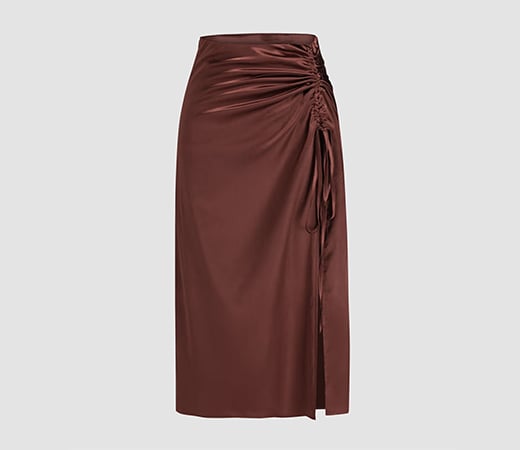 Cider Satin Brown Drawstring Midi Skirt
