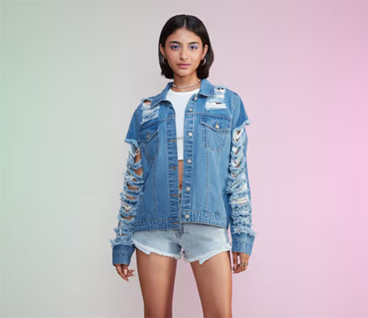 MIXT by Nykaa Fashion Blue Textured Ripped Denim Jacket