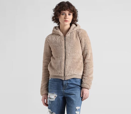 ONLY Beige Relaxed Fit Zip-Up Sherpa Jacket