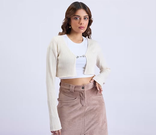 MIXT by Nykaa Fashion Beige Solid Ribbed Crop Cardigan