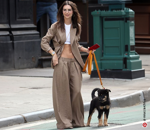 Emily Ratajkowski wearing low-rise trousers