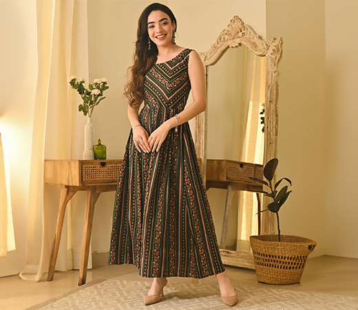 Rustorange Emerald Green Floral Sleeveless Dress 