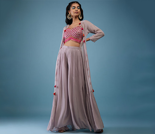 Kalki Fashion Crop Top with Palazzo & Shrug Set 