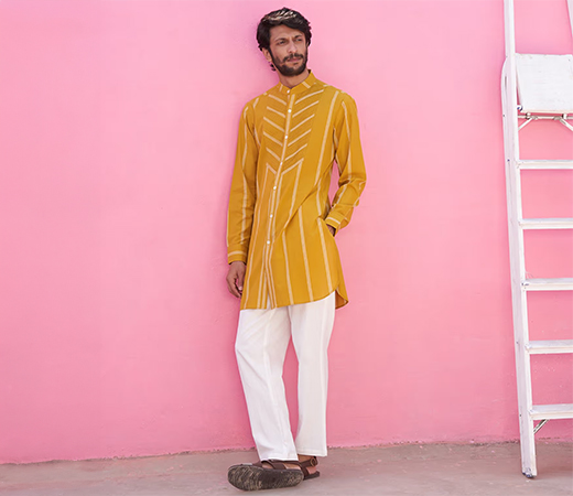 Abhishthi Yellow striped kurta for men