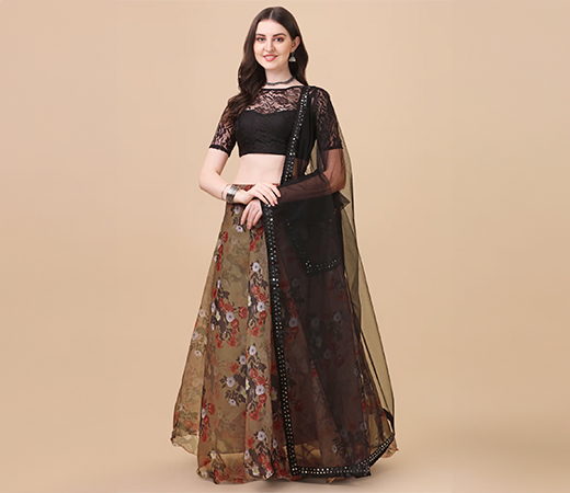 Amrutam Fab Brown lehenga with floral details