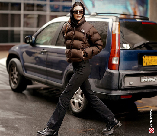 Kendall Jenner wearing a brown puffer jacket