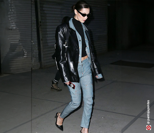 Bella Hadid wearing a leather jacket