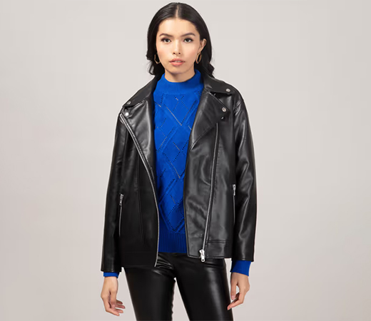 Twenty Dresses by Nykaa Fashion Black Solid Oversized Faux Leather Biker Jacket