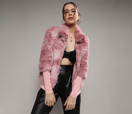  Campus Sutra Women Blush Pink Faded Faux Fur Jacket