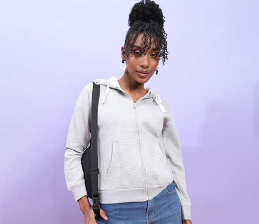Campus Sutra Women’s Light Grey Zip Front Hoodie With Contrast Drawstring