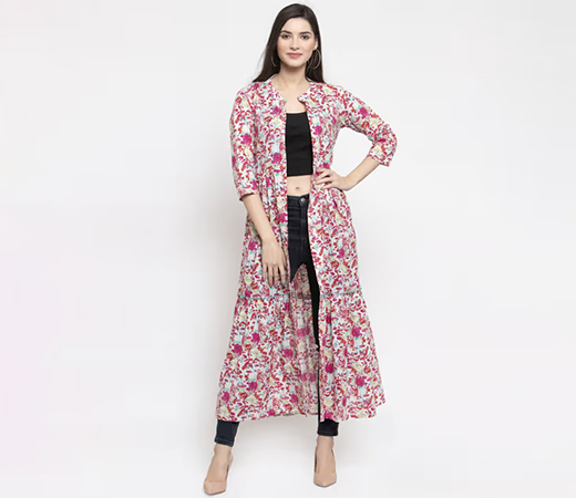 Indibelle Cotton Pink Floral Print Front Slit A-line Shrug