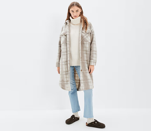 American Eagle Women Grey Elongated Plaid Shacket