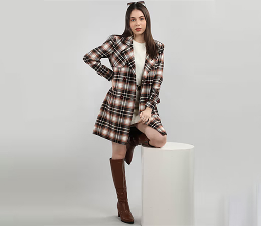 CHKOKKO Checked Notched Lapel Collar Double Breasted Overcoat
