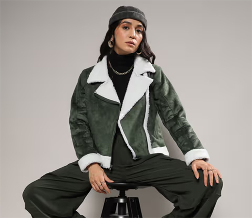 Campus Sutra Women Seaweed Green Fleece Lined Biker Jacket