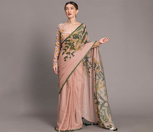 Suta Beige Printed Pure Cotton Saree With Tasseled Pallu