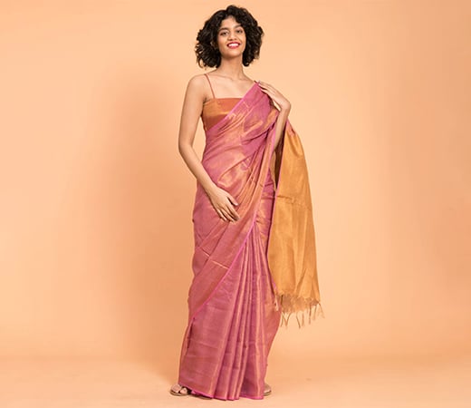 Suta Pink-Gold & Zari-Edged Linen Saree