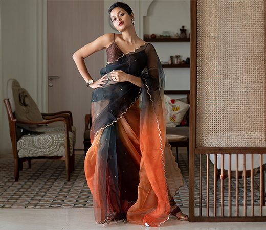 Suta Rust-Grey Organza Handcrafted Saree