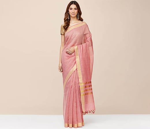 Fabindia Pink Cotton Silk Blend Woven Saree