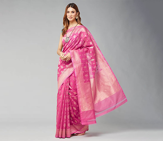Fabindia Pink Cotton Silk Blend Woven Saree