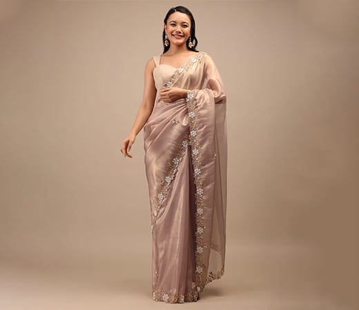 Kalki Fashion Pink Saree In White Moti & Cut Dana Embroidery Buttis