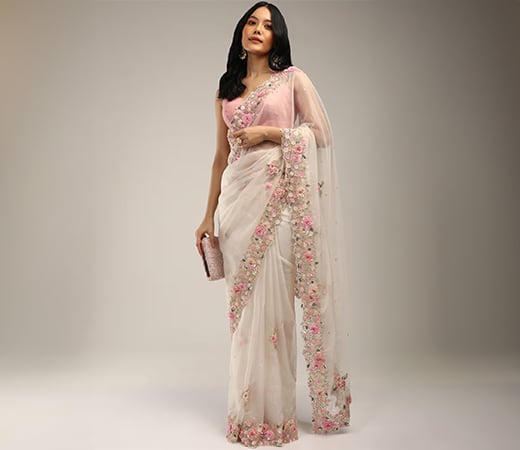 Kalki Fashion Powder White Saree Featuring Multi Colored Moti and Sequins