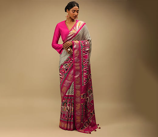 Kalki Fashion Rani Pink Patola Saree In Soft Silk Grey and White Stripes