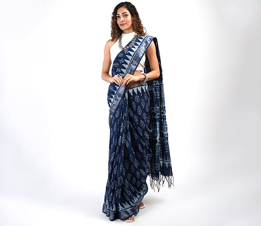 Teejh Aparajita Indigo Block Print Linen Cotton Saree