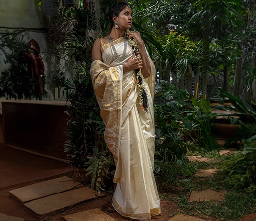 Teejh Anjila White and Gold Kerala Cotton Kasavu Saree