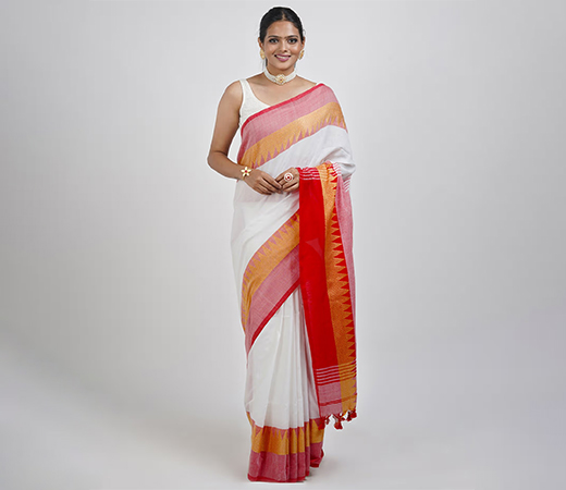 Teejh Aachal White & Red Soft Cotton Saree