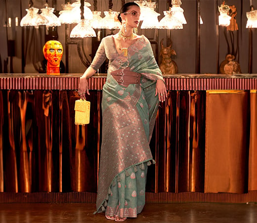 Akhilam Pure Linen Sea Green Woven Designer Saree With Blouse Piece