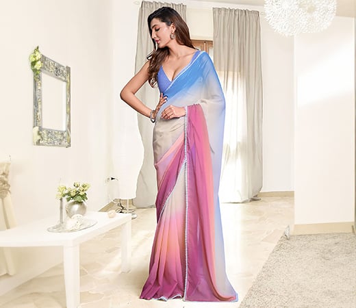 Akhilam Pure Chiffon Pink Ombre Celebrity Saree with Unstitched Blouse