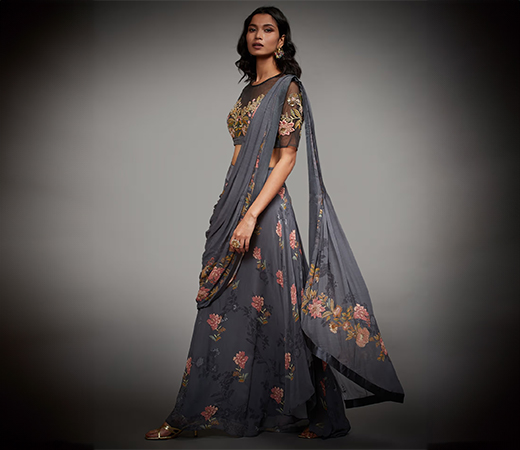 Charcoal Black Saree With Stitched Blouse