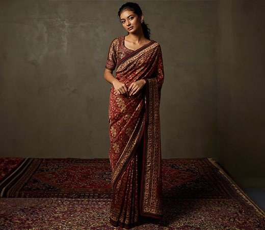 RI.Ritu Kumar Burgundy & Beige Kulah Floral Saree with Unstitched Blouse