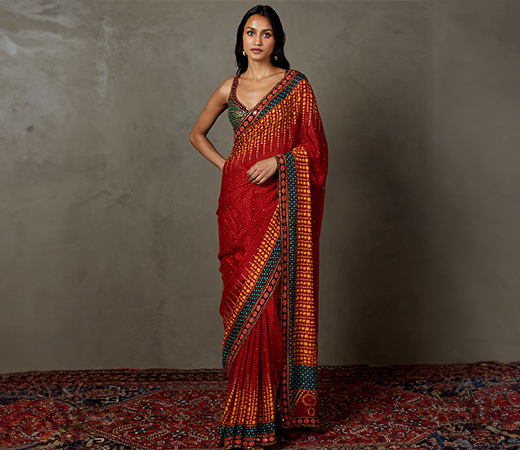 RI.Ritu Kumar Berry Red Multi Ari with Tikki-H Emb Petunia Saree with Stitched Blouse