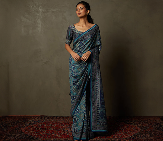 RI.Ritu Kumar Blue Kulah Floral Saree with Unstitched Blouse
