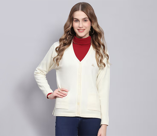 Monte Carlo Off White Solid V Neck Cardigan