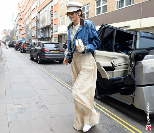 Kendall Jenner wearing a denim jacket with oversized trousers