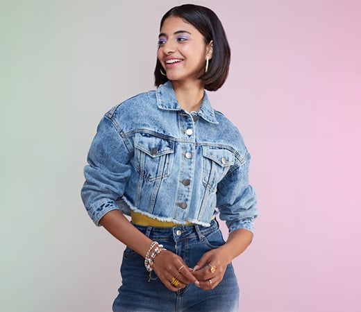 MIXT by Nykaa Fashion Blue Solid Full Sleeves Crop Denim Jacket