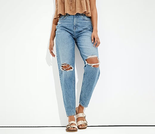 Women Blue Ripped Relaxed Mom Jeans by American Eagle