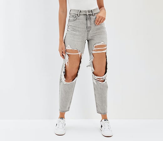 Women Grey Ripped Mom Straight Jean by American Eagle