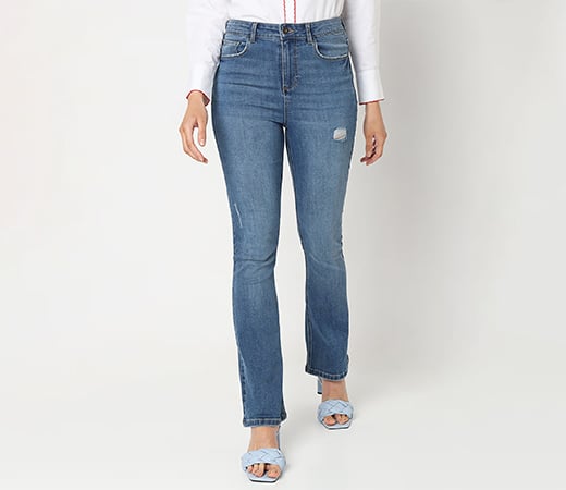 Blue Mid Rise Mildly Distressed Bootcut Jeans by Vero Moda