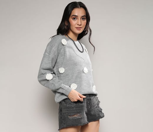 Campus Sutra Women Moon Grey Flower Knit Sweater