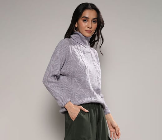  Campus Sutra Women Moon Grey Cable Knit Sweater