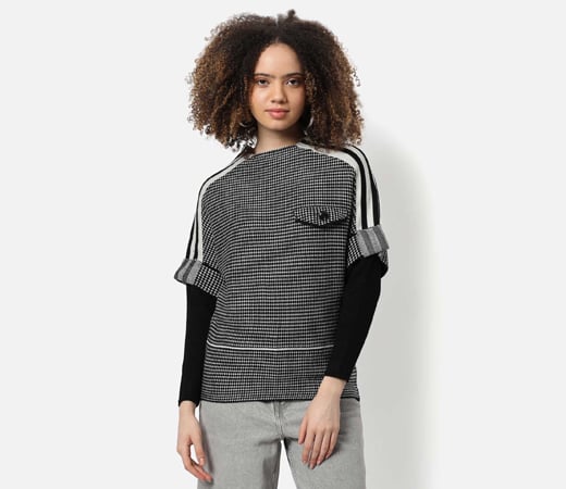 Campus Sutra Women’s Black & White Checked Sweater
