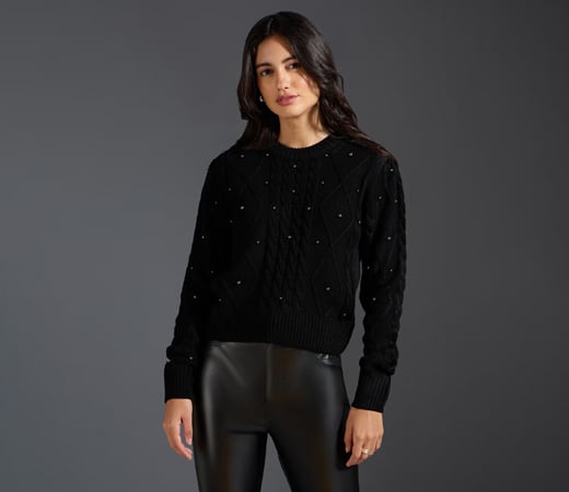 Twenty Dresses by Nykaa Fashion Black Pearl Embellished Crew Neck Sweater Top
