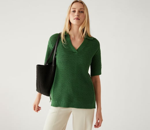 Marks & Spencer Green Pure Cotton Collared Knitted Top