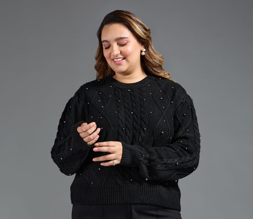 Twenty Dresses by Nykaa Fashion Curve Black Pearl Embellished Crew Neck Sweater Top