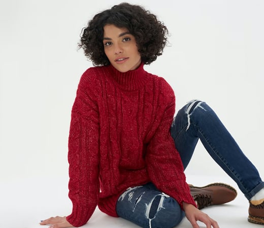 American Eagle Red Cable Knit Mock Neck Sweater